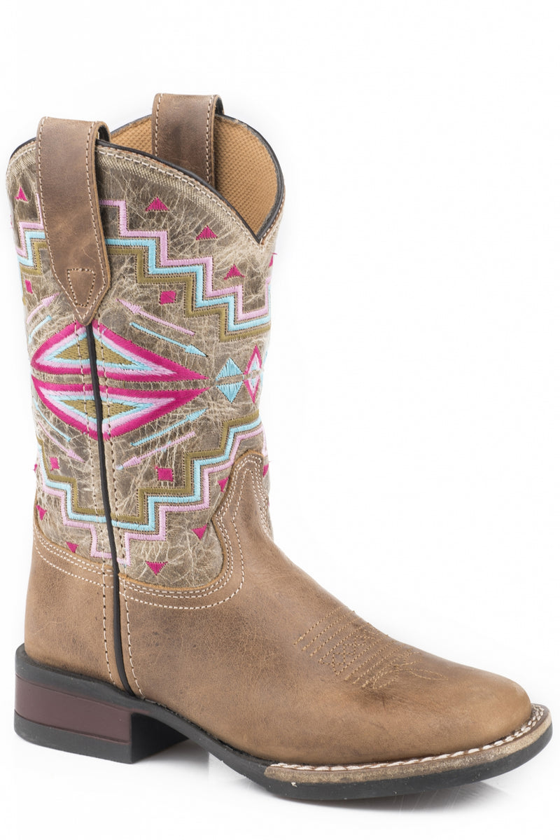 Roper Girls Multi Aztec Embroidery/Oiled Leather Western Boots