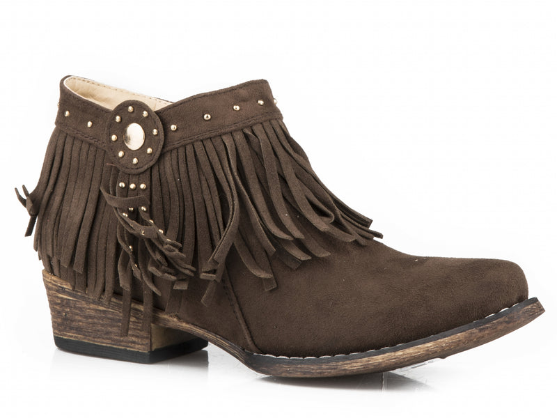 Roper Girls Brown Fringe Ankle Boots With Gold Studs