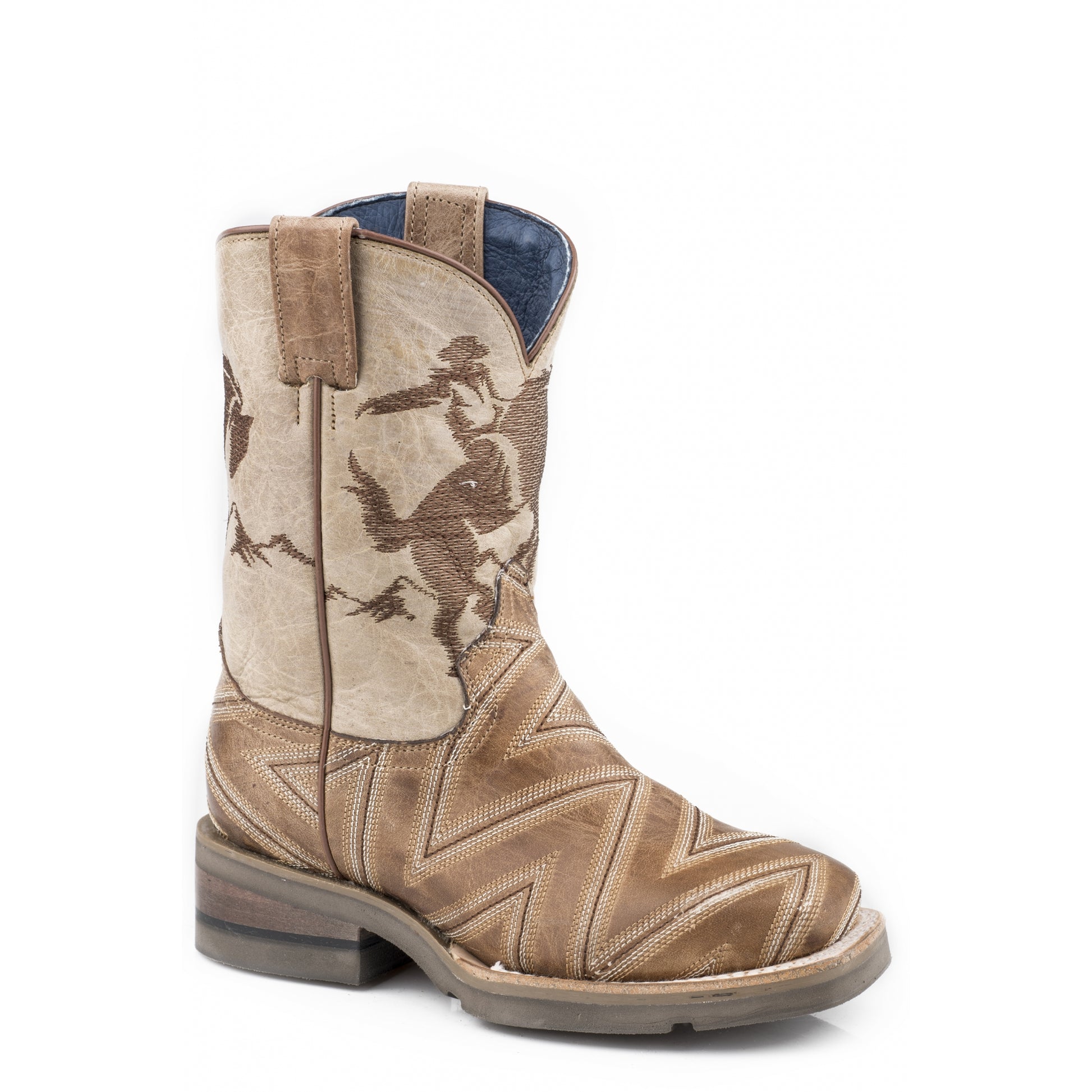 Roper Boys Stitched Burnished Tan/Embroidered Horse Rider Leather Boots