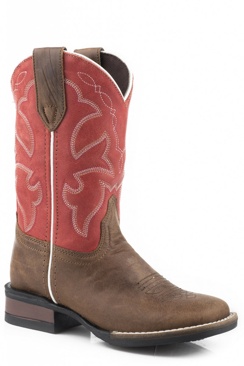 Roper Kids Dark Tan Leather Vamp with Coral Rose Shaft Boots