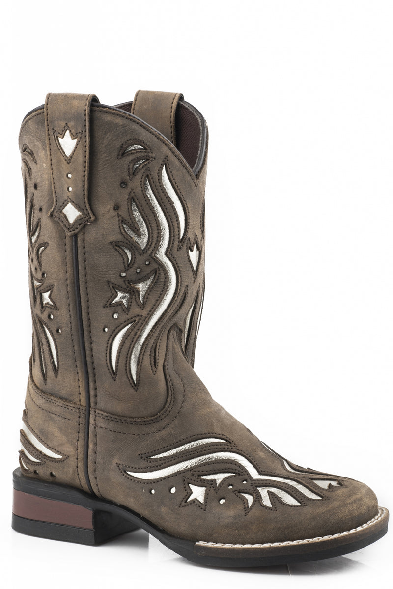 Roper Kids Brown Oiled Leather/Silver Metallic Boots