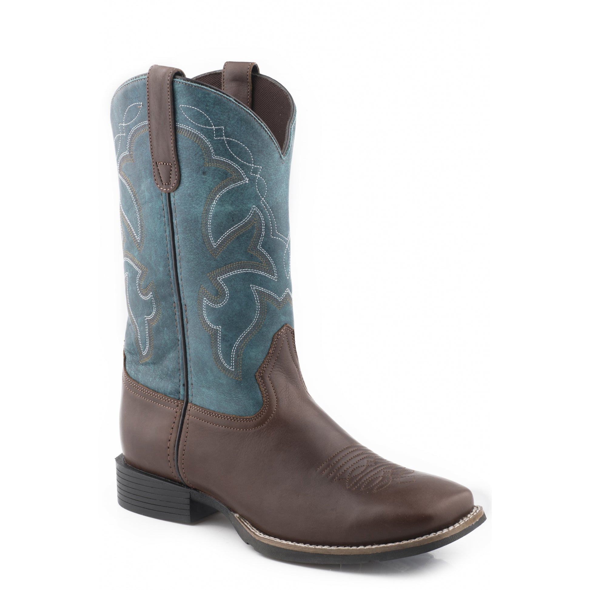 Roper Mens Brown Tumbled Leather Vamp Teal Shaft Western Boots