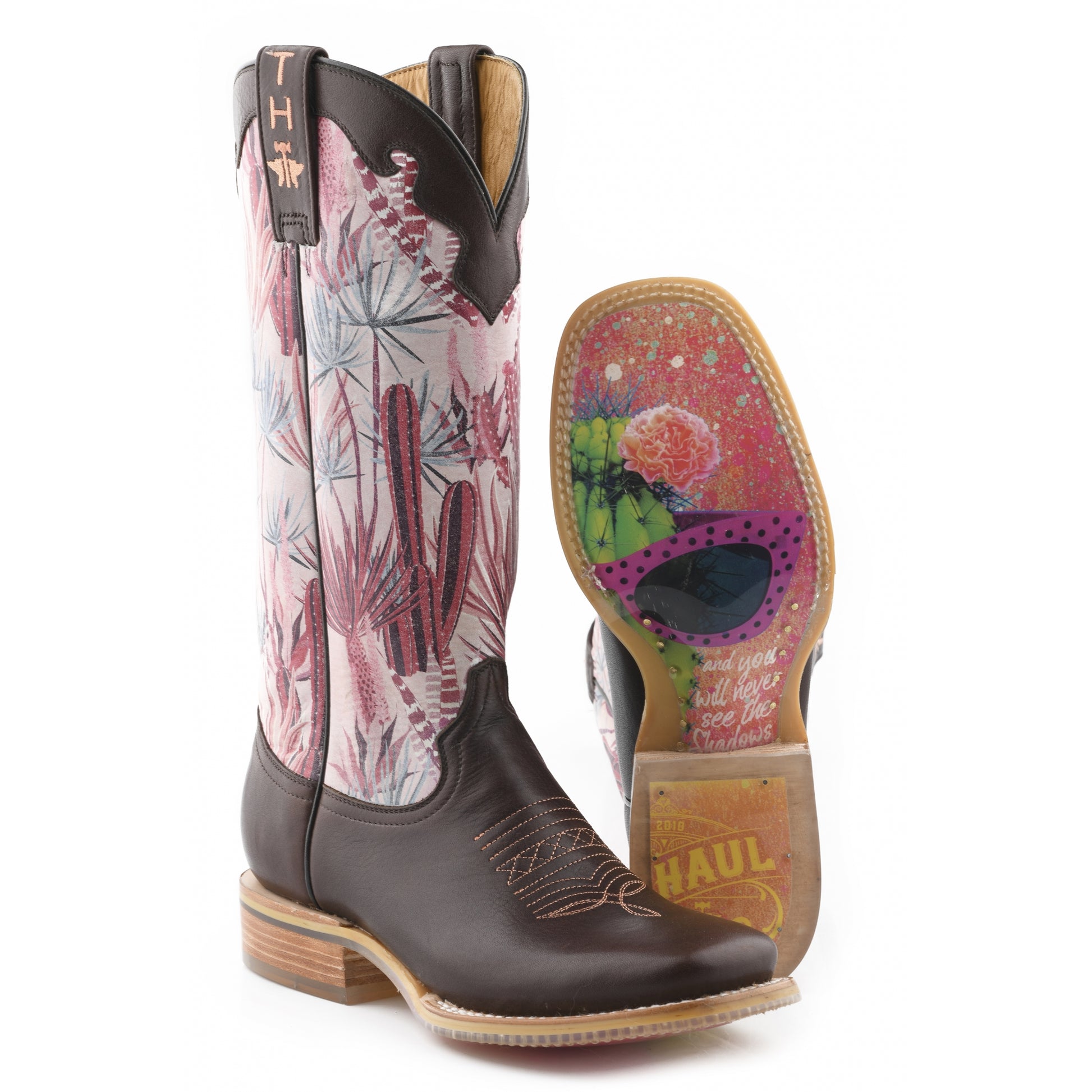 Tin Haul Ladies Square Toe Boots - Pinktalicious with Cactus Shades Sole