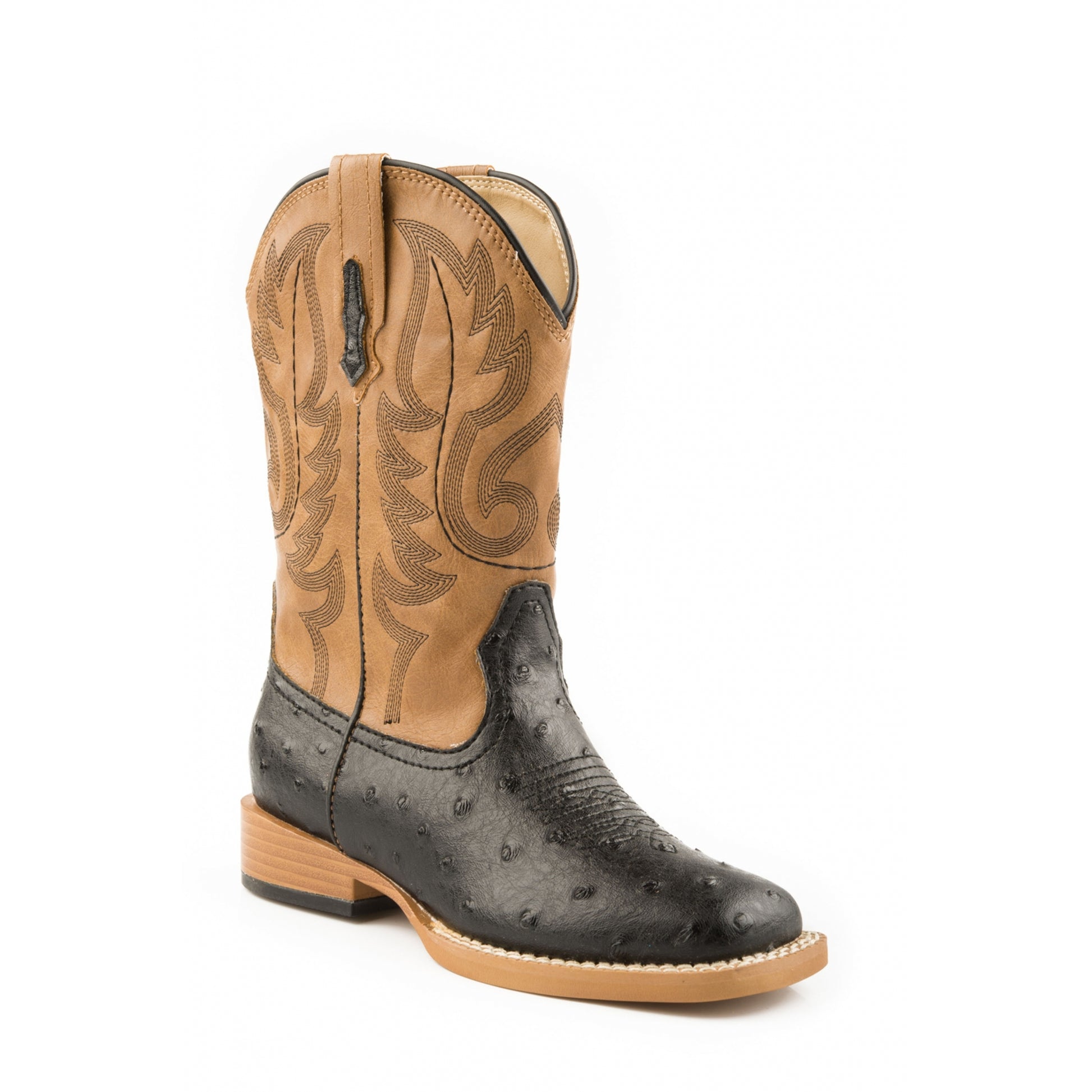 Roper Mens Sq Toe 11in Faux Ostrich Blk Boots