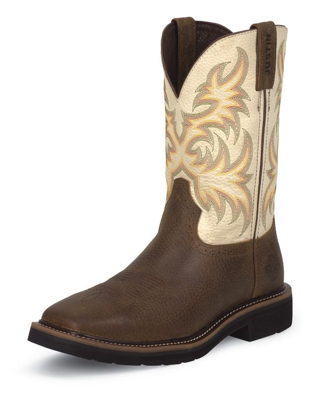 Justin Mens Driller Sq Toe White Work Boot