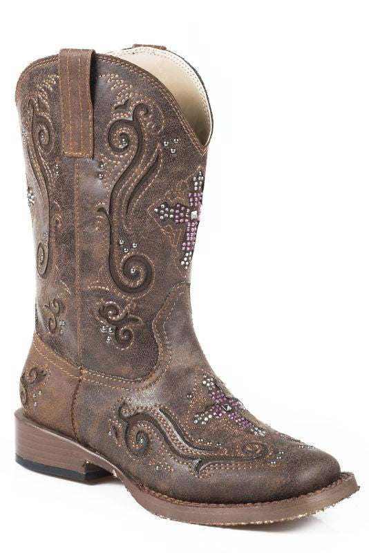 Roper Kids Sq 9in Faux Leather Cross Brn Boots
