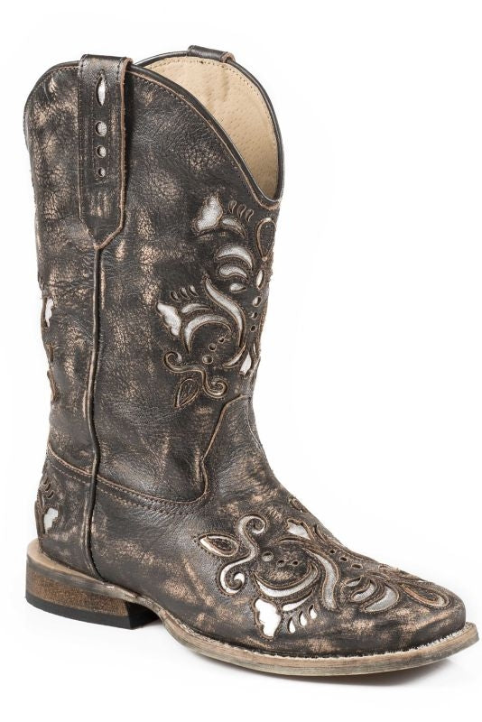 Roper Kids Sq Laser Cutout Underlay Brn Boots