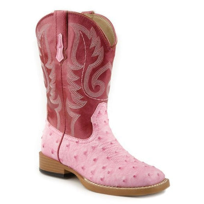 Roper Kids Ostrich Print Sq Toe Boots 1 Pnk