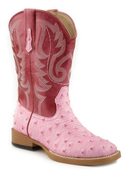 Roper Kids Ostrich Print Sq Toe Boots 1 Pnk
