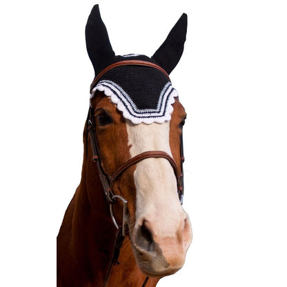 Equine Couture Fly Bonnet wSlv Lurex Cob Blk/Wht