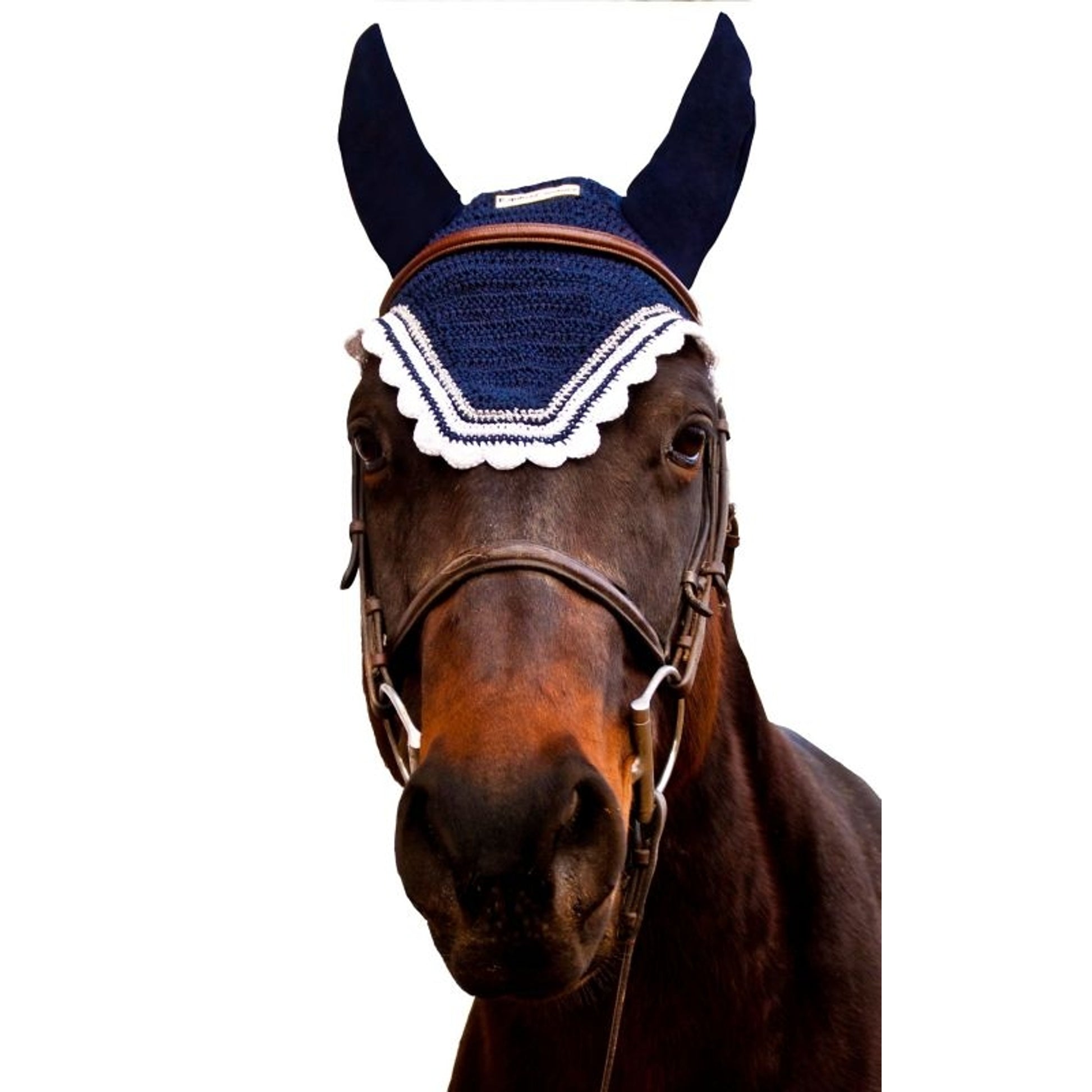 Equine Couture Fly Bonnet wSlv Lurex Cob Blk/Wht