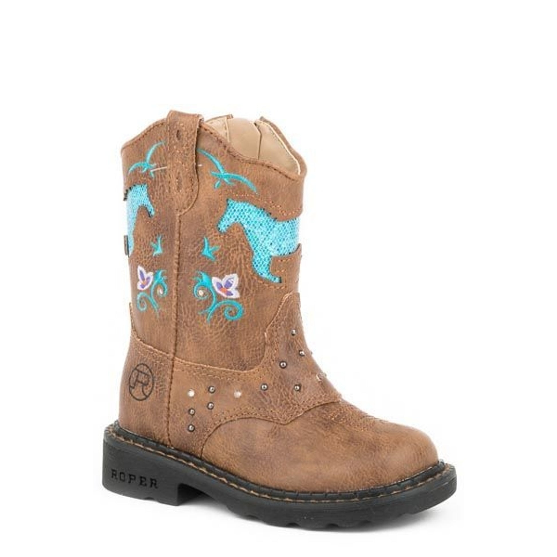 Roper Toddler Horse Flowers Lights Boots 5 Tan/Blu