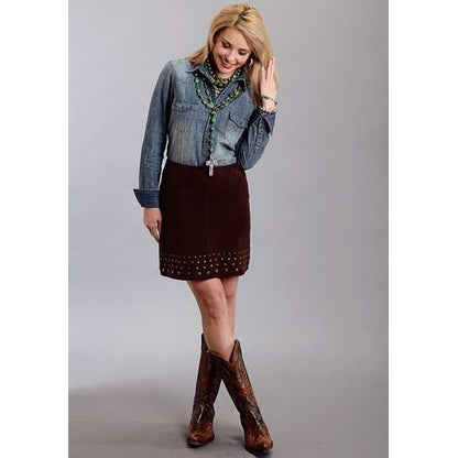Stetson Ladies Suede Lamb Skirt With Nailheads 10 Brn