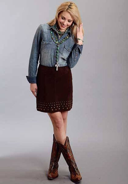 Stetson Ladies Suede Lamb Skirt With Nailheads 10 Brn
