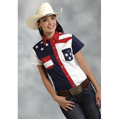 Roper Ladies Americana Pieced SS Shirt Lg Blu