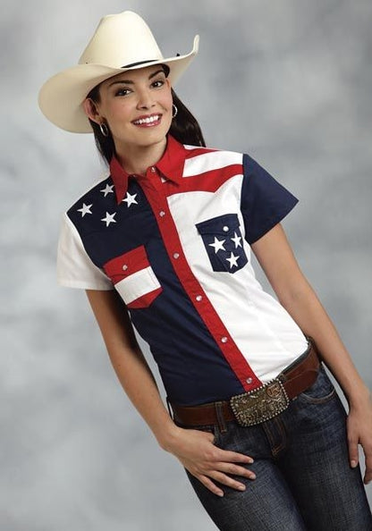 Roper Ladies Americana Pieced SS Shirt Lg Blu