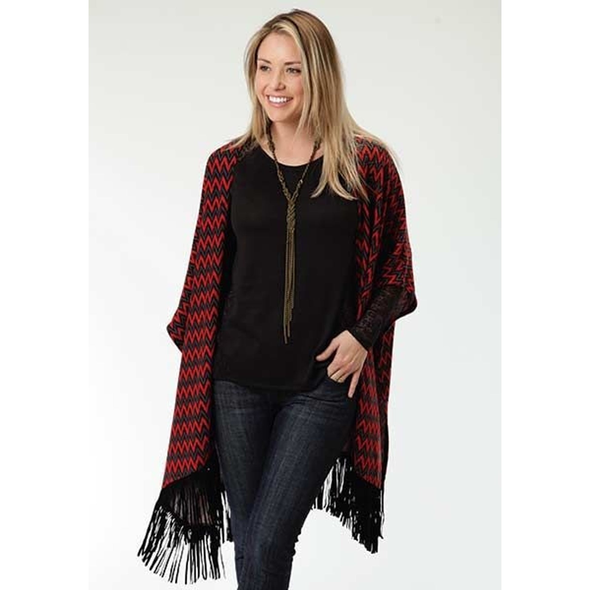 Roper Ladies Plus Chevron Sweater Poncho 2/3X Red