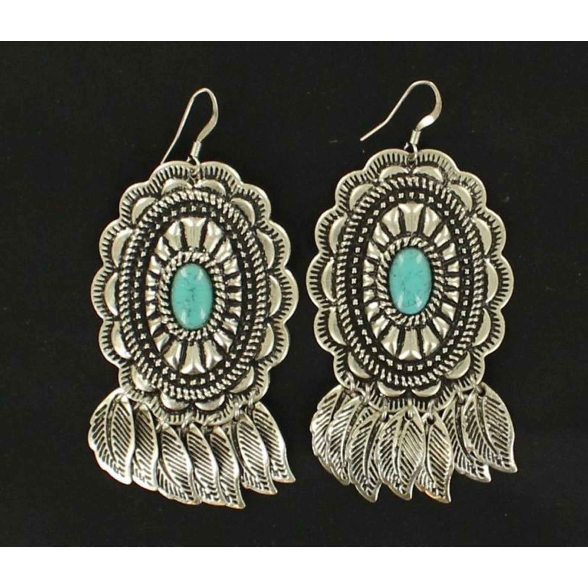 Fishhook Engraved Drop Feather EarringsTurq