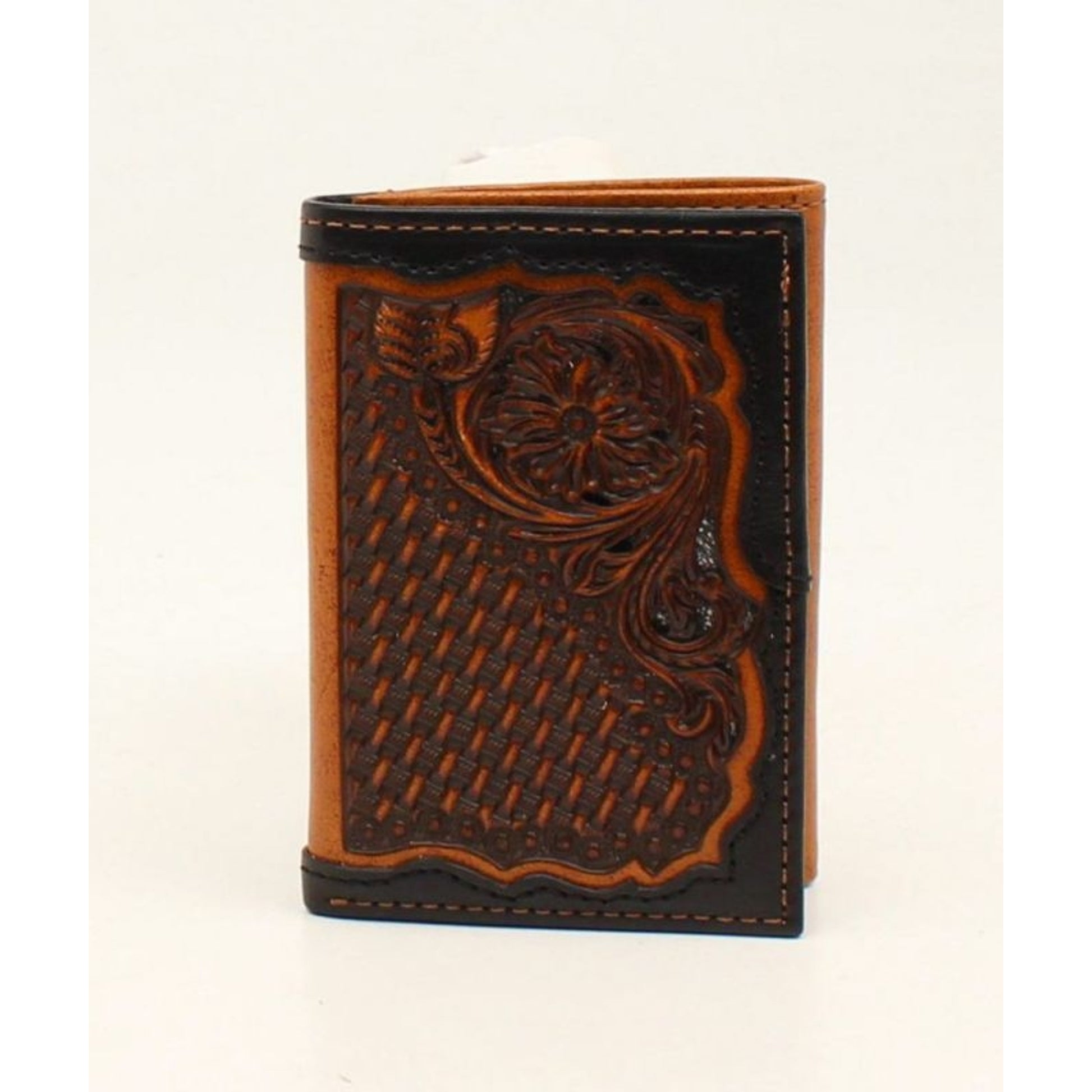 Trifold Basketweave Floral Embossed WalletBk/Tn