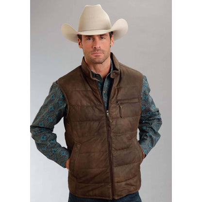 Stetson Men's Leather Puffy Vest - Brown Large Bro