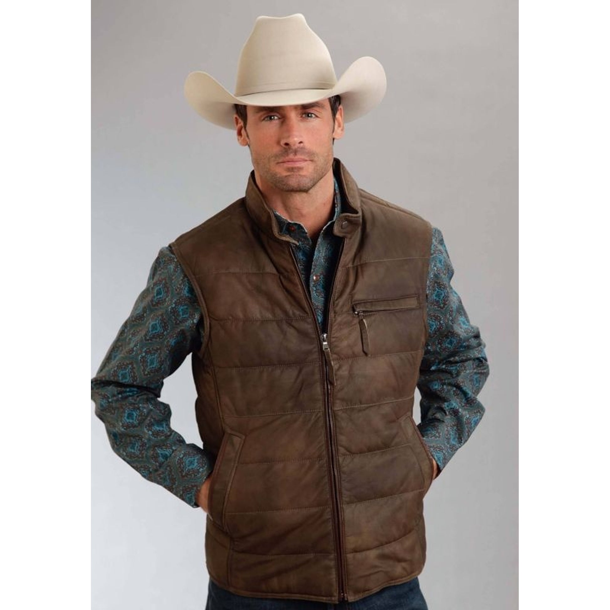 Stetson Men's Leather Puffy Vest - Brown Large Bro