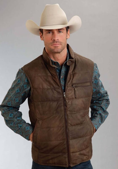 Stetson Men's Leather Puffy Vest - Brown Large Bro