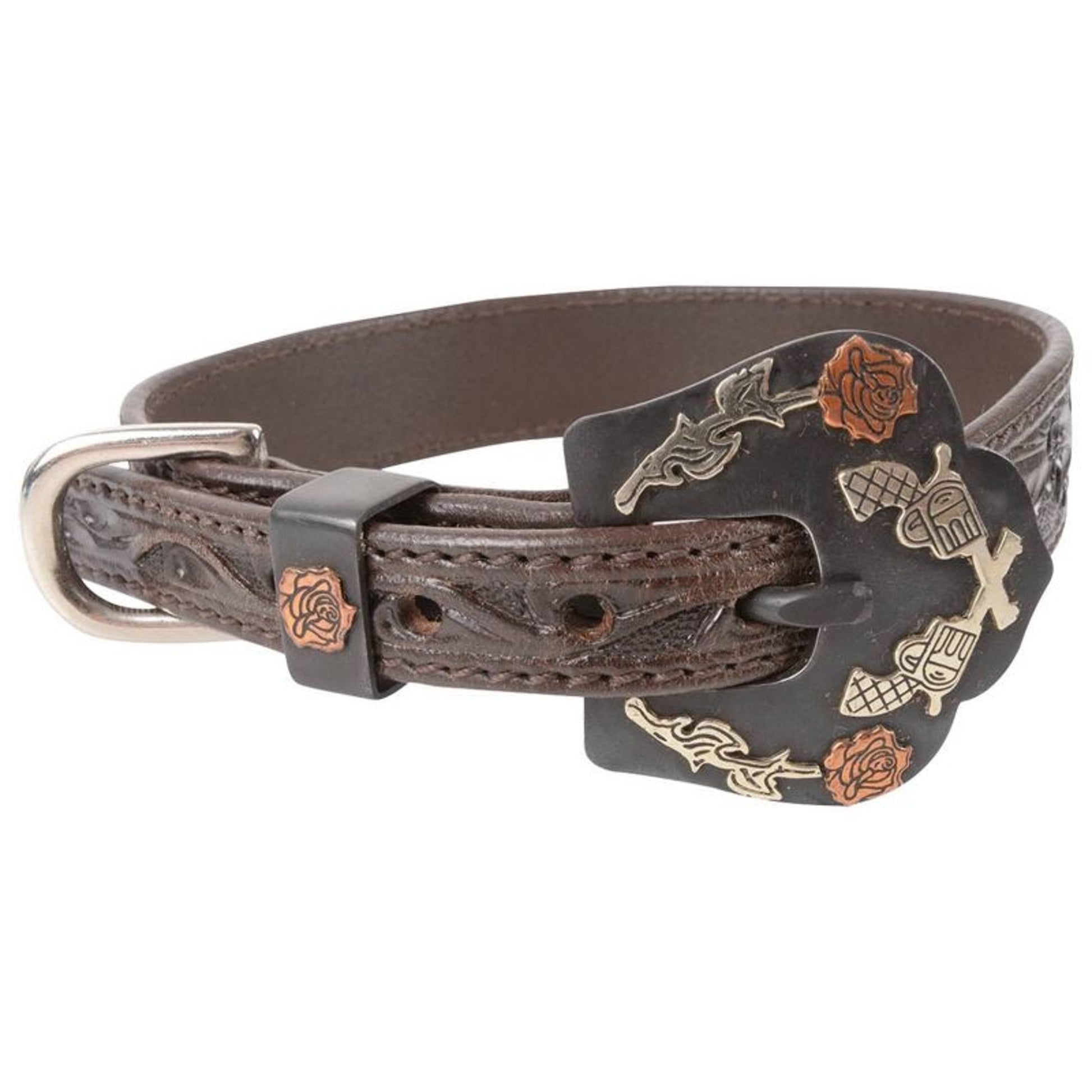 Cashel Guns & Roses Tooled Leather Dog Collar Larg
