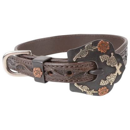 Cashel Guns & Roses Tooled Leather Dog Collar Larg