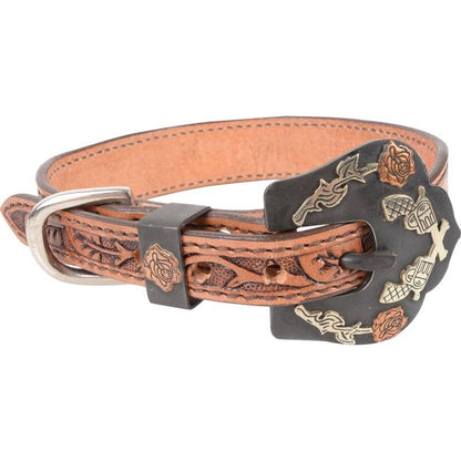 Cashel Guns & Roses Tooled Leather Dog Collar Larg