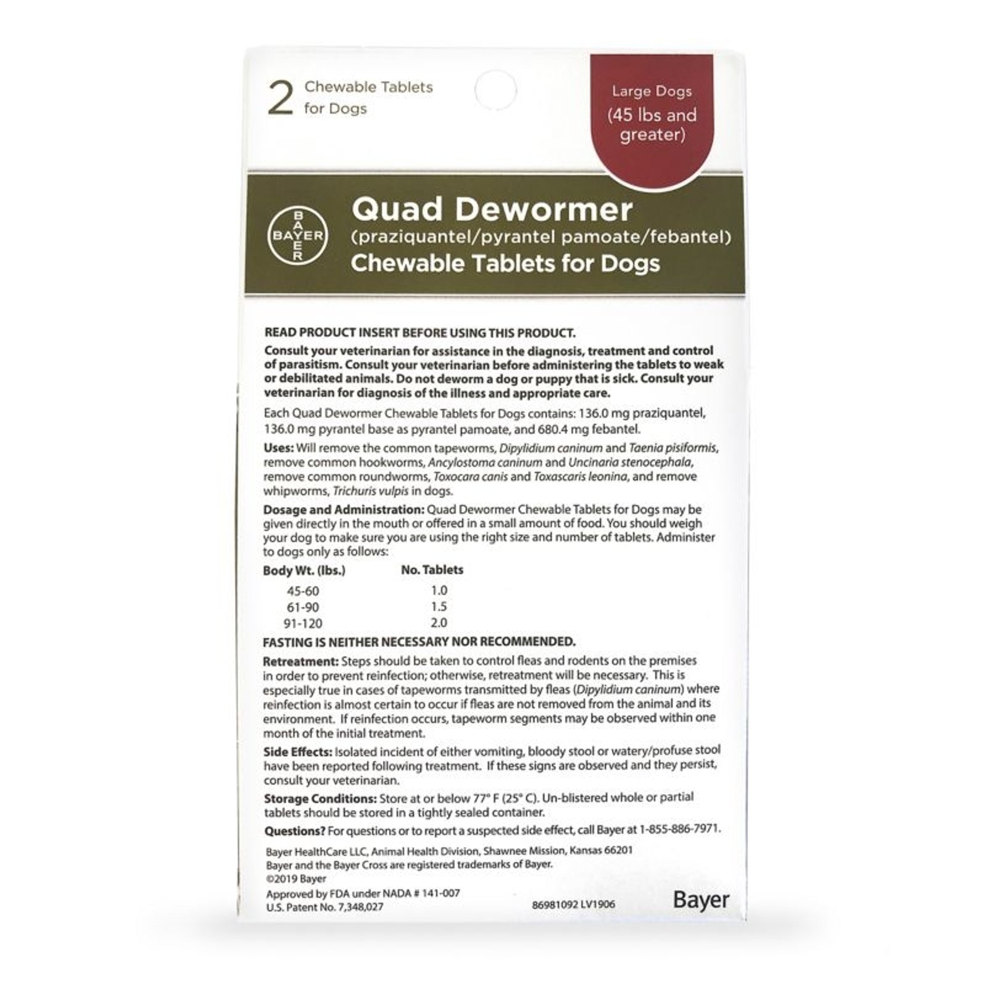 Bayer QUAD Dewormer Large Dog 2ct 136mg